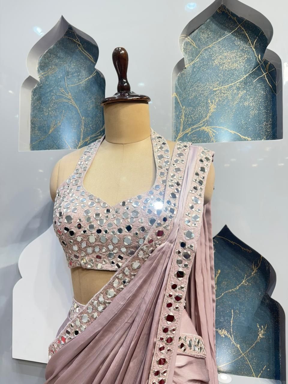 "BLUSH PINK MIRROR WORK DRAPE SAREE" image 2