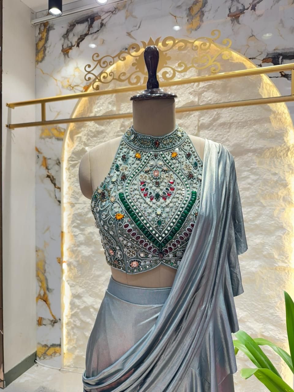 "STEEL GREY SHIMMER DRAPE SAREE" image 1