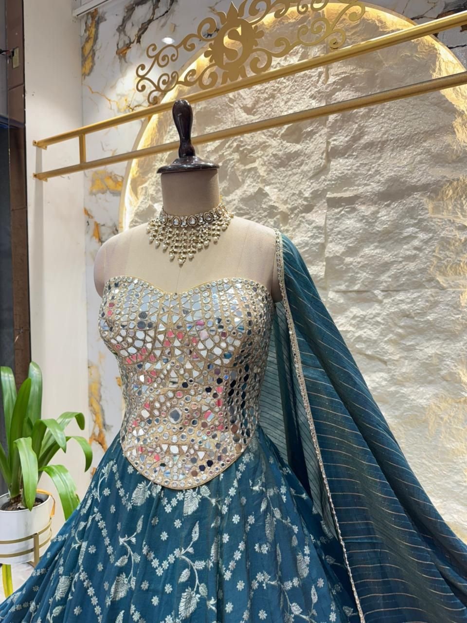 "MIDNIGHT TEAL MIRROR WORK LEHENGA" image 3