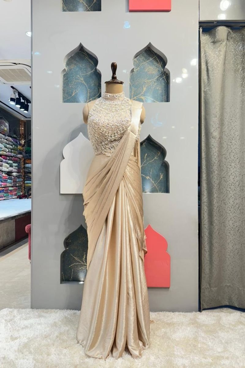 "IVORY PEARL DRAPE SAREE" image 0