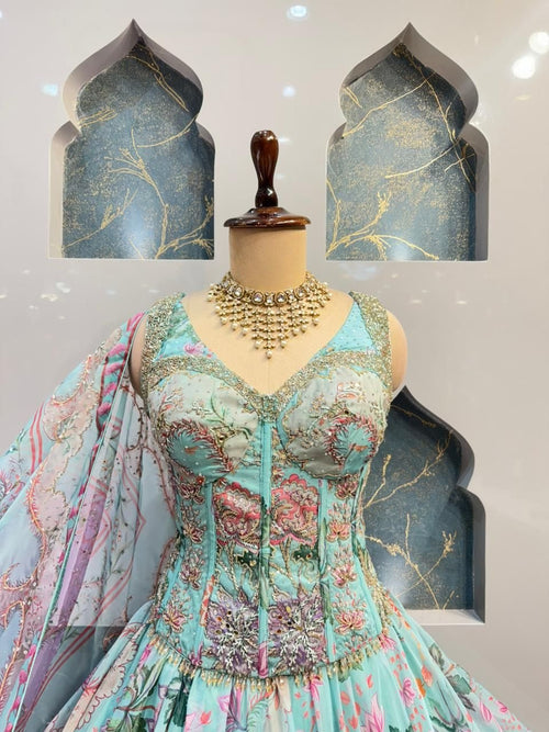 "PASTEL BLOOM PRINTED DESIGNER LEHENGA" image 1