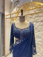 "ROYAL NAVY BLUE EMBELLISHED DRAPE SAREE" image 1