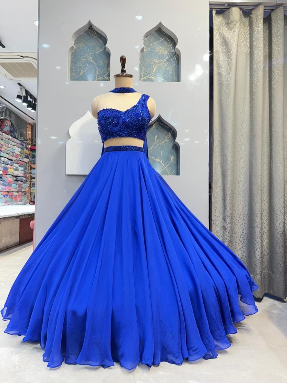 "MIDNIGHT SAPPHIRE ONE- SHOULDER LEHENGA" image 3