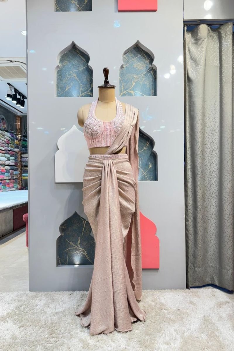 "BLUSH CHAMPAGNE DRAPE SAREE image 0