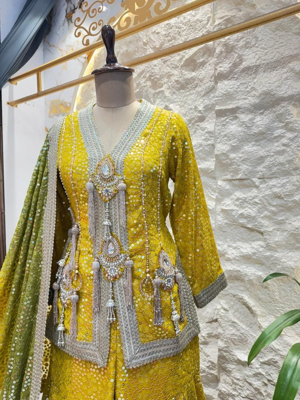 " SUNSHINE YELLOW MIRROR EMBELLISHED SHARARA AND INDOWESTERN " image 2