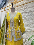 " SUNSHINE YELLOW MIRROR EMBELLISHED SHARARA AND INDOWESTERN " image 2