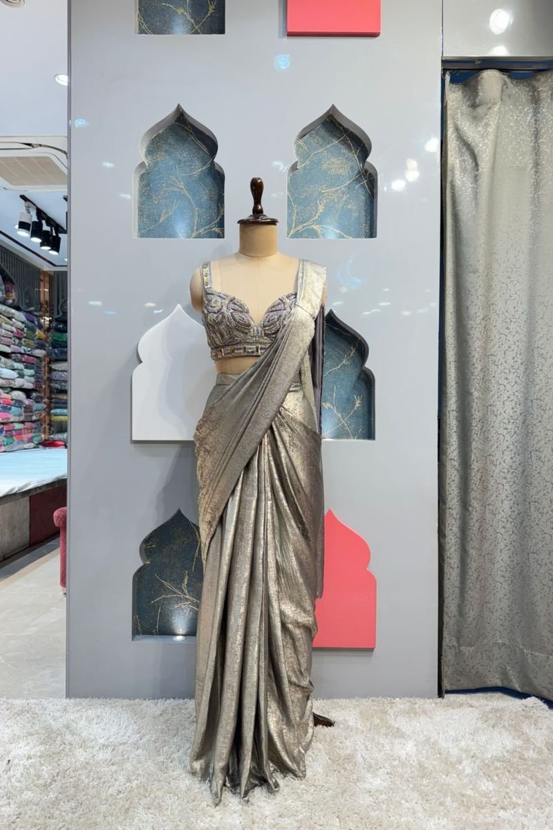"CHAMPAGNE GLOW PRE-DRAPED SAREE" image 0