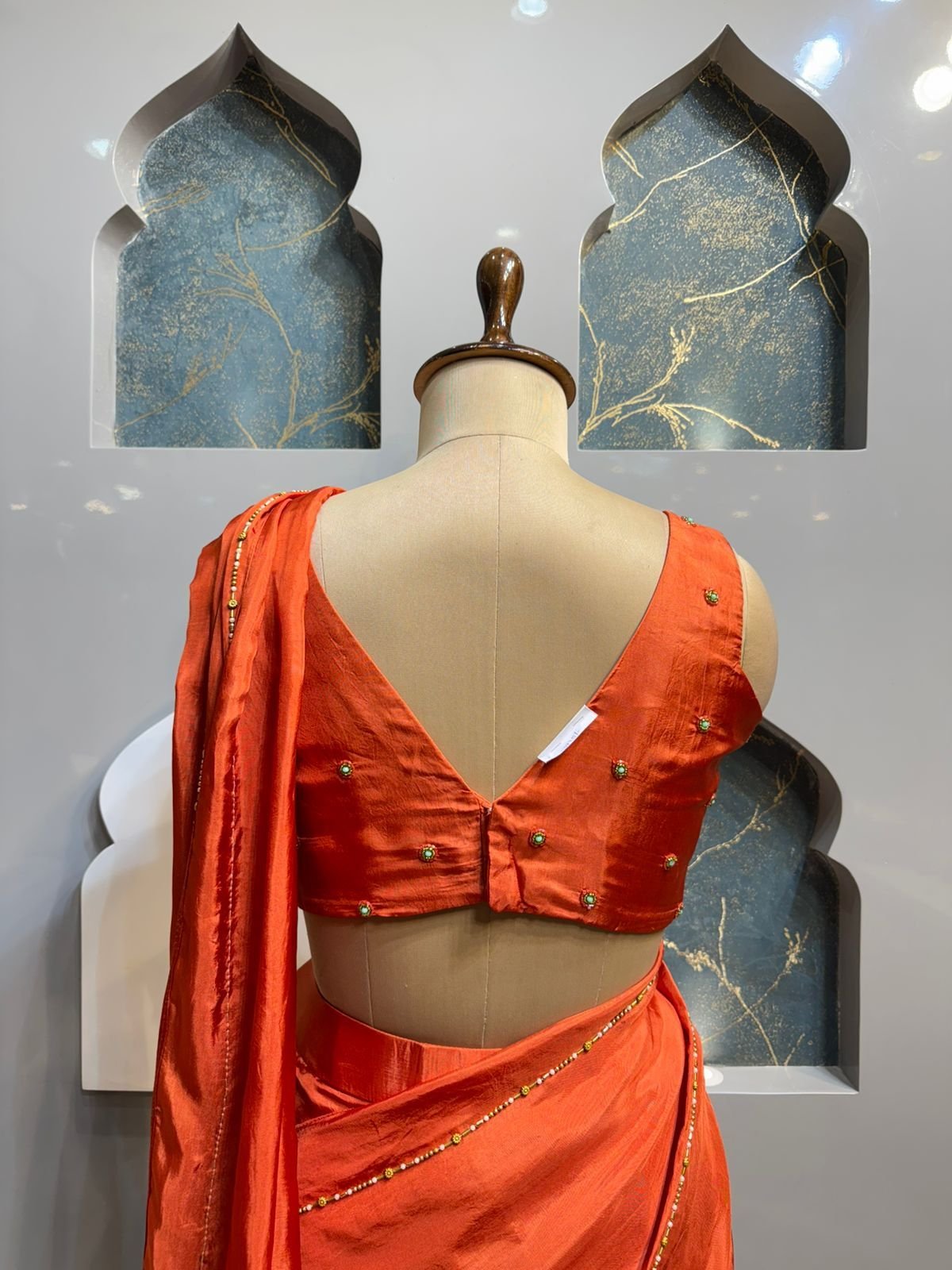"BURNT ORANGE EMBELLISHED DRAPE SAREE" image 4
