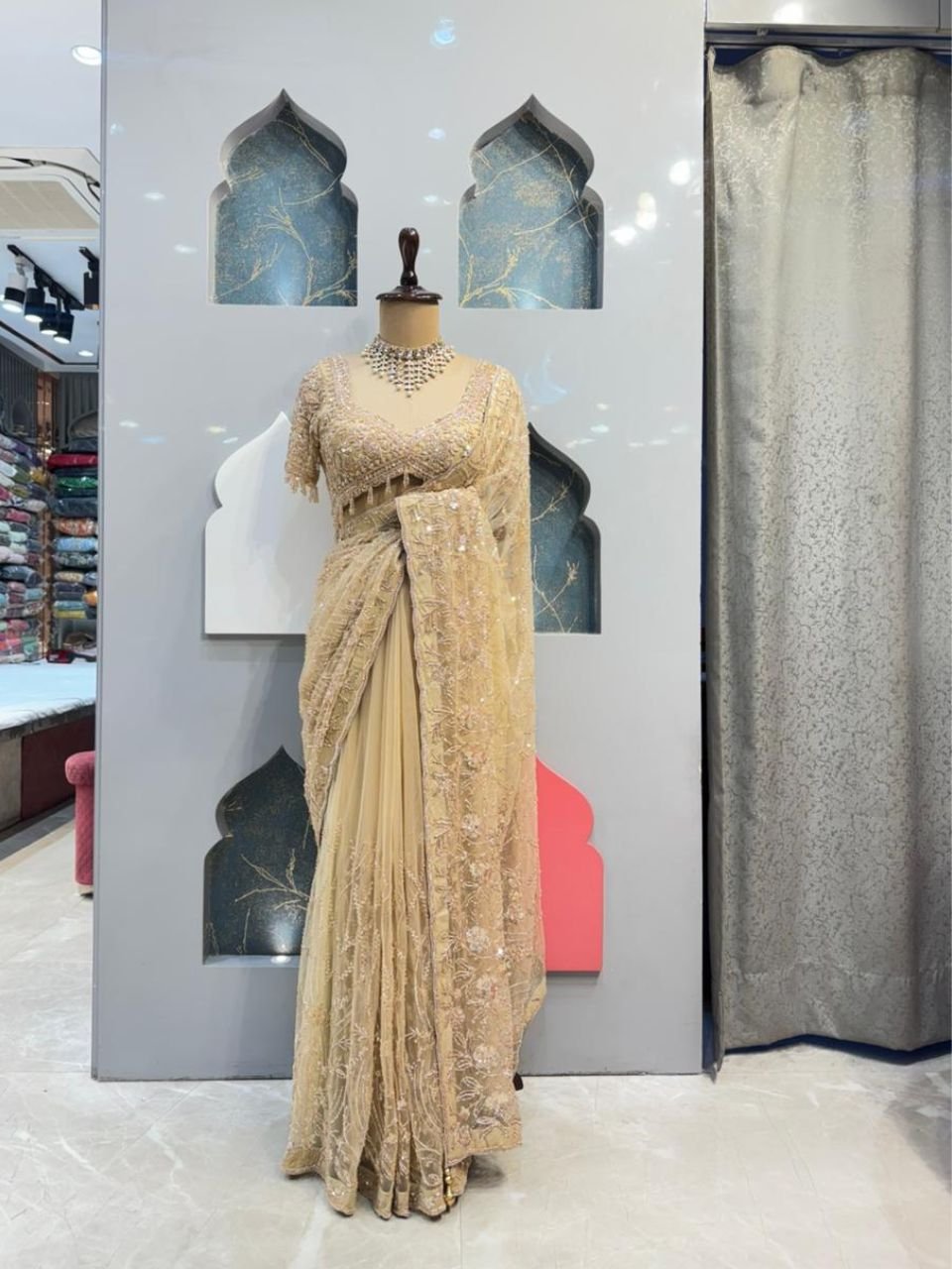 "CHAMPAGNE ELEGANCE EMBROIDERED SAREE" image 0