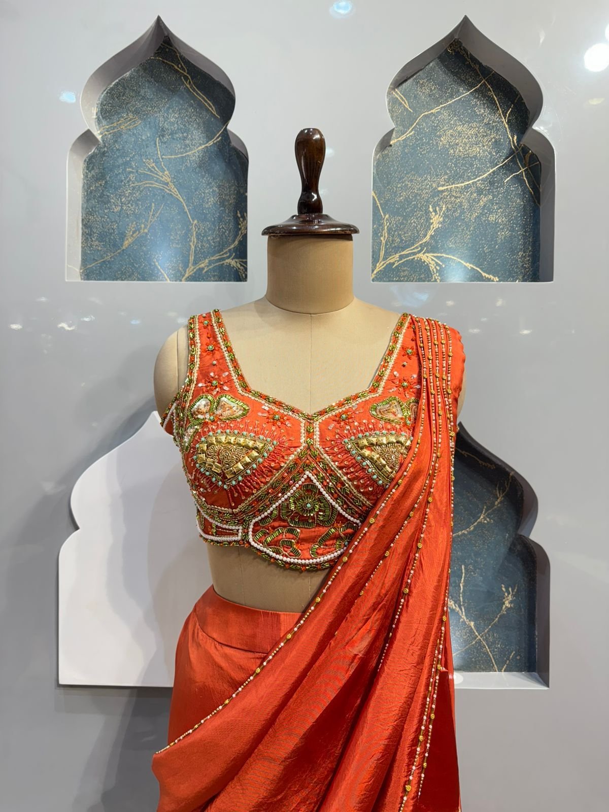"BURNT ORANGE EMBELLISHED DRAPE SAREE" image 1