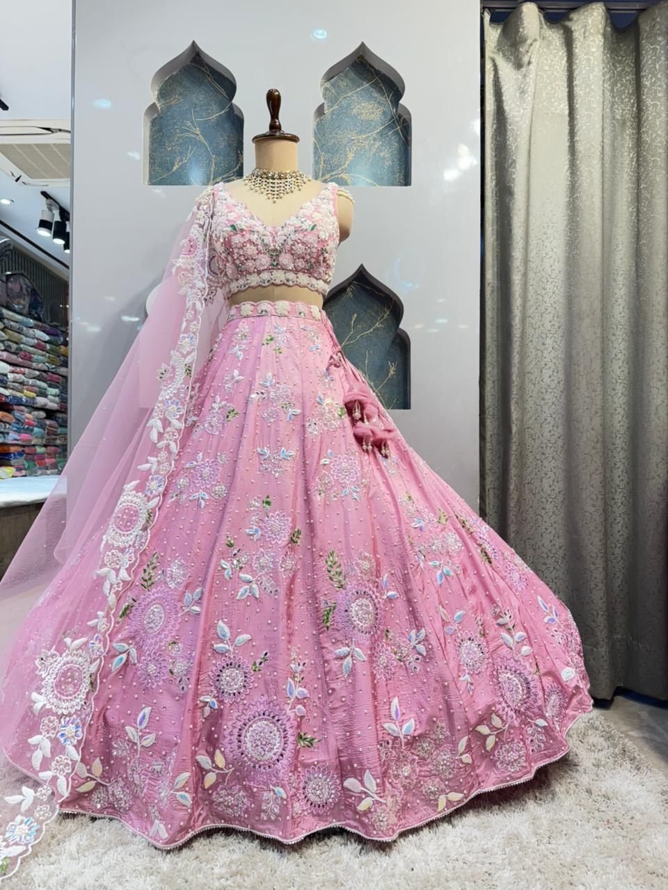 "BLUSH PINK FLORAL EMBROIDERED LEHENGE" image 2