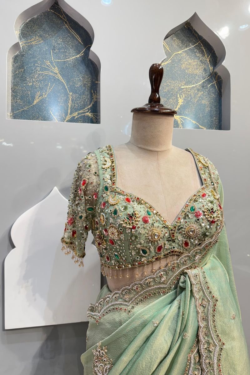 MINT GREEN EMBROIDERED SAREE image 2