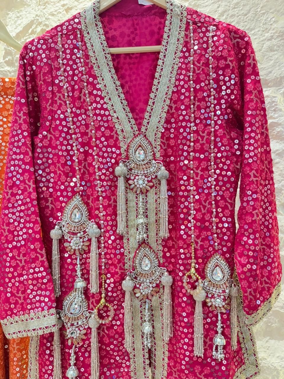 "RANI PINK & SUNSET ORANGE INDO-WESTERN SHARARA" image 5