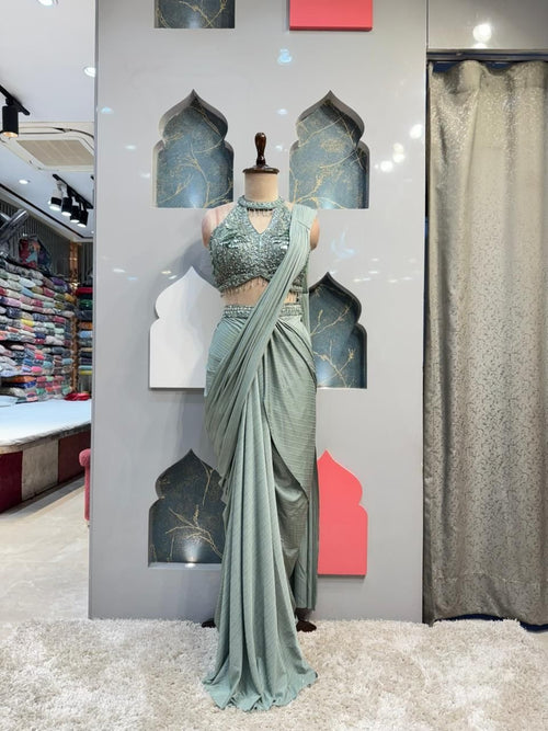 " MINT LUXE PRE DRAPE SAREE" image 0