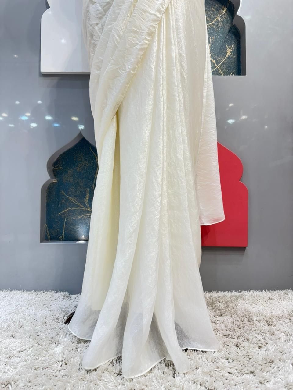 "IVORY PEARL EMBELLISHED DRAPE SAREE" image 3