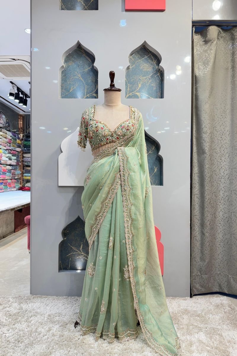 MINT GREEN EMBROIDERED SAREE image 0