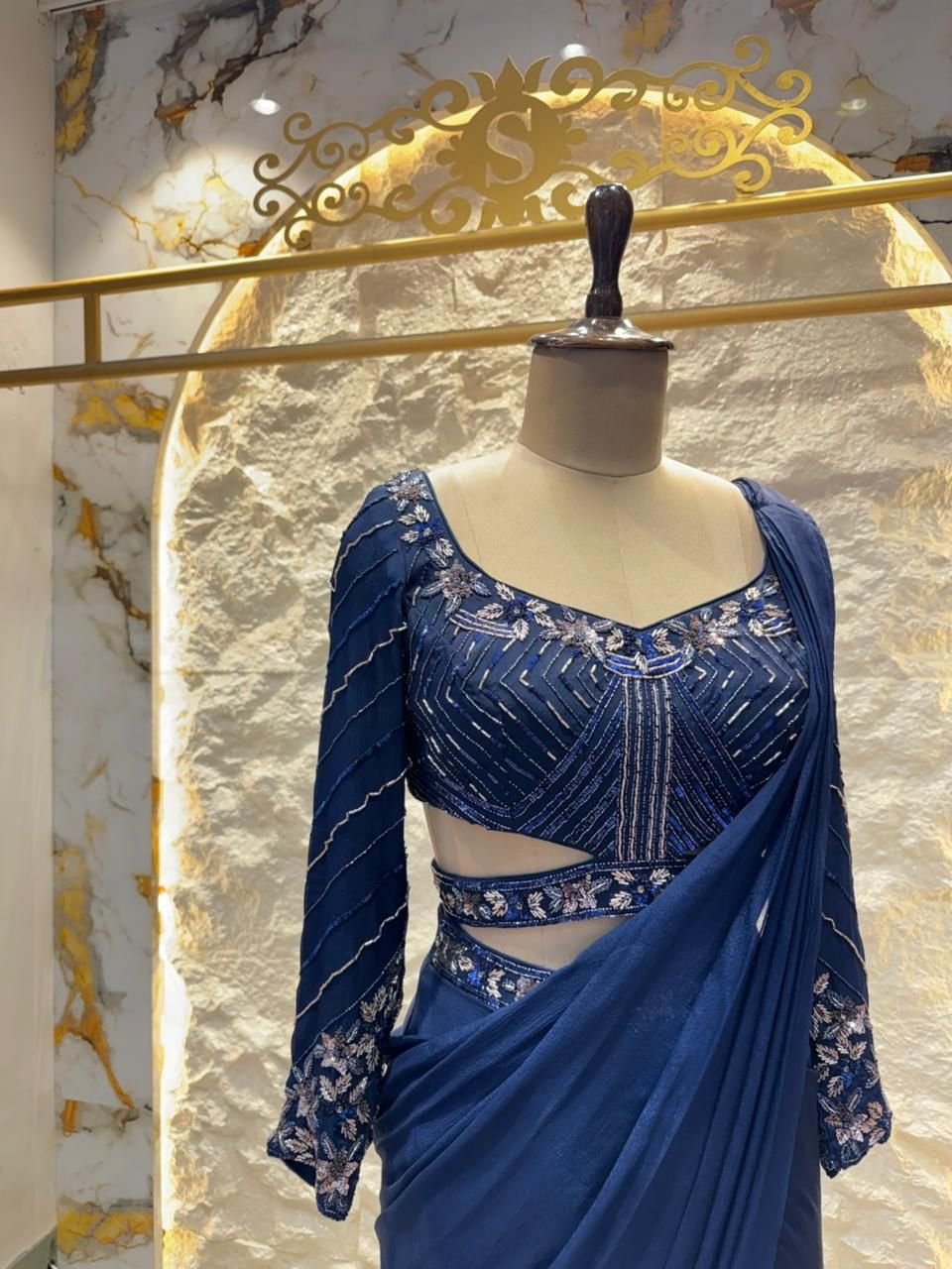 "ROYAL NAVY BLUE EMBELLISHED DRAPE SAREE" image 2