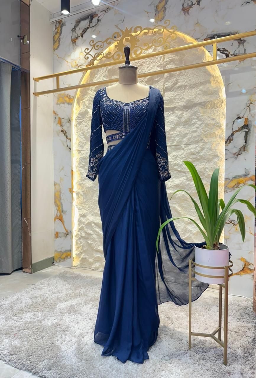 "ROYAL NAVY BLUE EMBELLISHED DRAPE SAREE" image 0