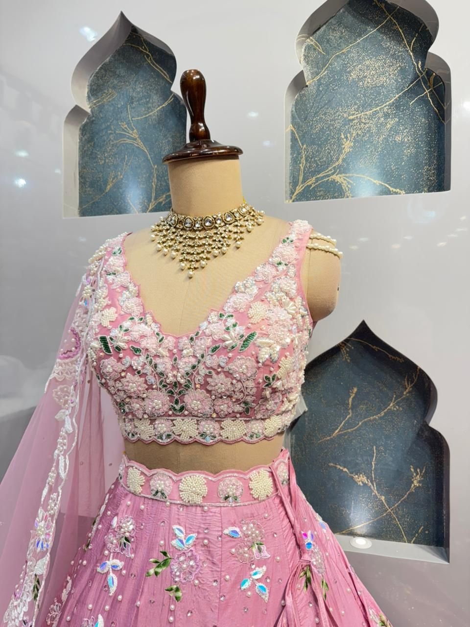 "BLUSH PINK FLORAL EMBROIDERED LEHENGE" image 3