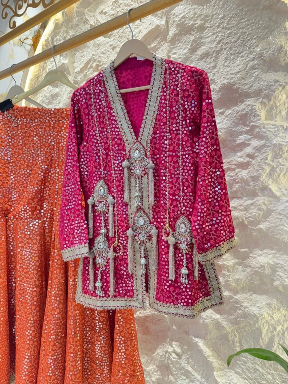 "RANI PINK & SUNSET ORANGE INDO-WESTERN SHARARA" image 1