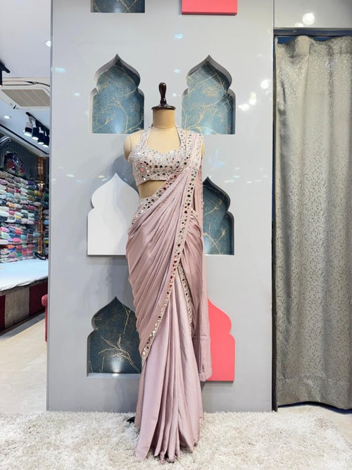 "BLUSH PINK MIRROR WORK DRAPE SAREE" image 0