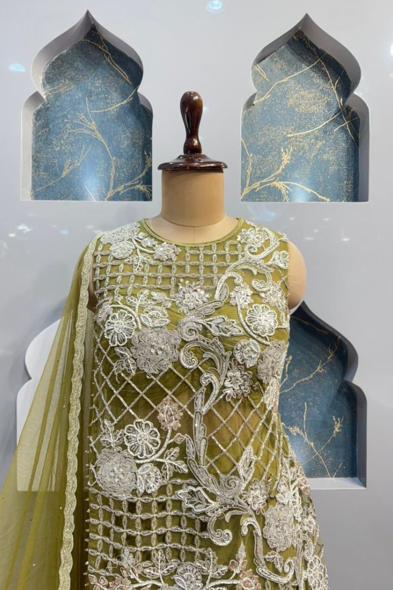 "OLIVE GREEN EMBROIDERED SHARARA" image 1