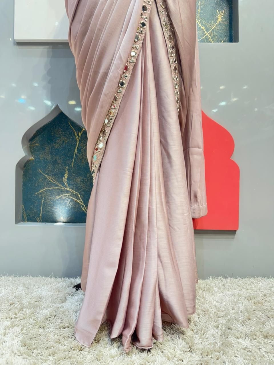 "BLUSH PINK MIRROR WORK DRAPE SAREE" image 3