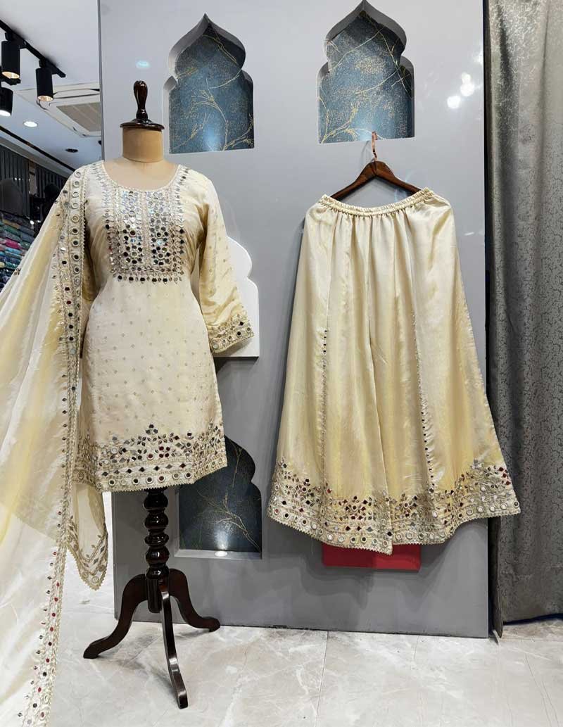 IVORY MIRRORWORK SHARARA SET image 5