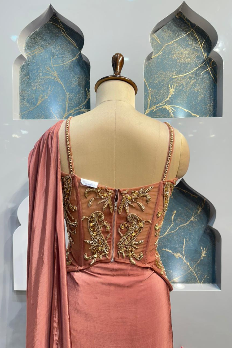 "RUST ROSE DRAPED INDO WESTERN" image 4