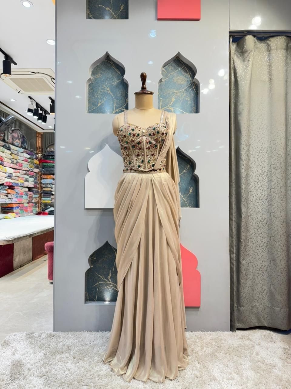"CHAMPAGNE BEIGE DRAPE SAREE" image 0