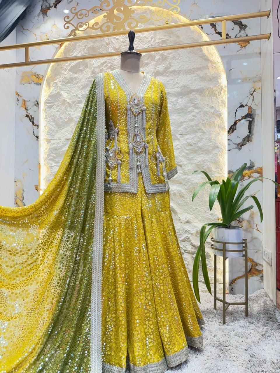 " SUNSHINE YELLOW MIRROR EMBELLISHED SHARARA AND INDOWESTERN " image 3
