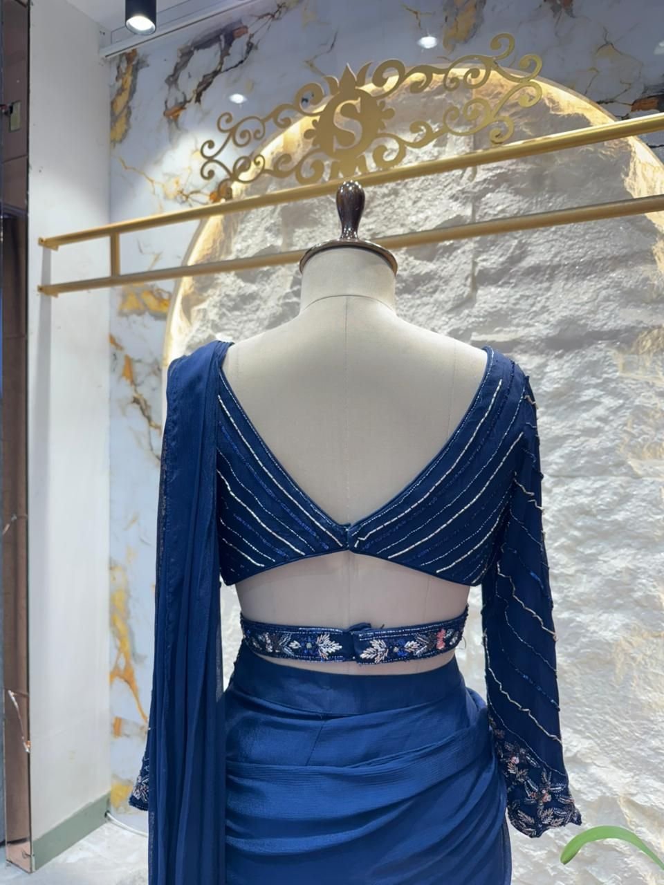 "ROYAL NAVY BLUE EMBELLISHED DRAPE SAREE" image 3