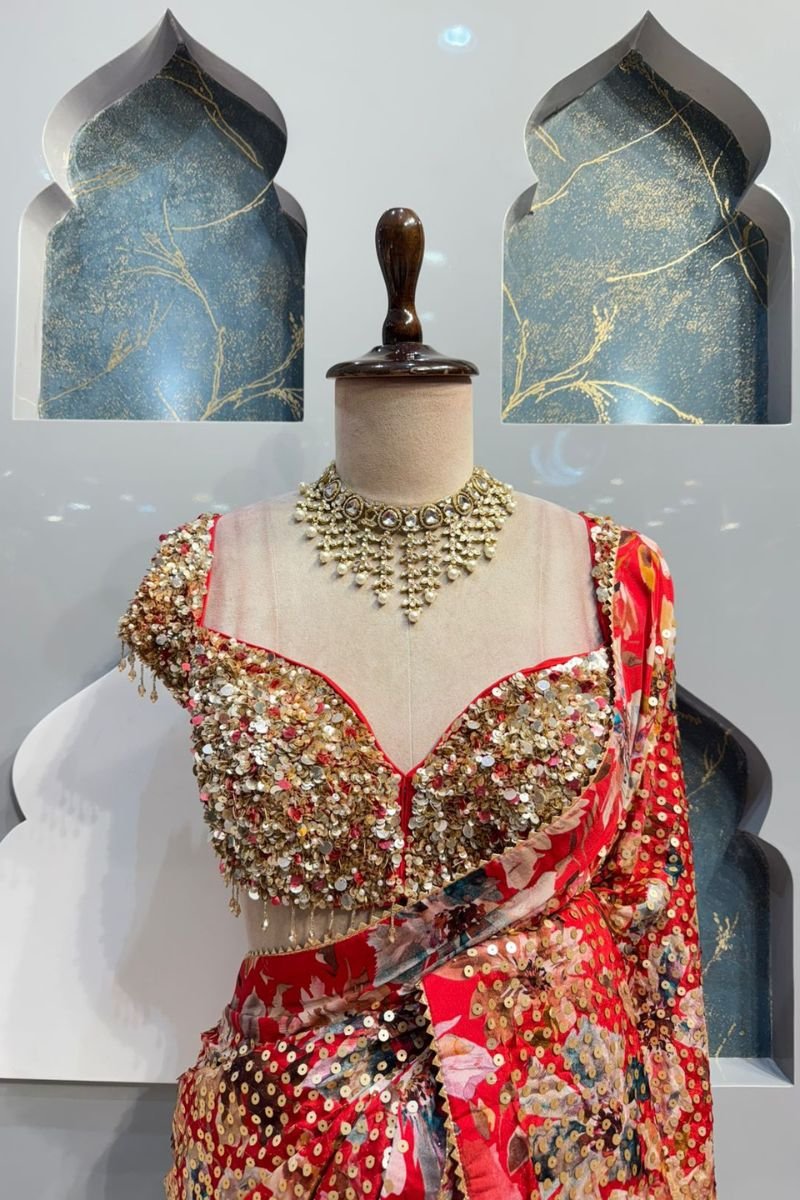 "CRIMSON FLORAL SEQUIN SAREE" image 1