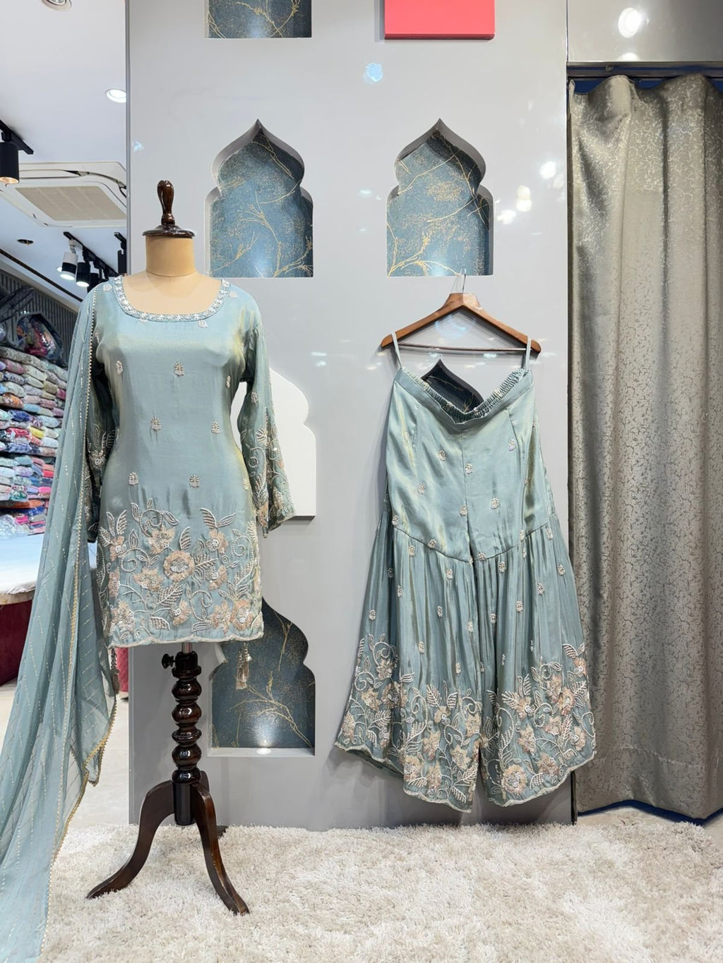 "MINT BLUE FLORAL EMBROIDERED SHARARA" image 0