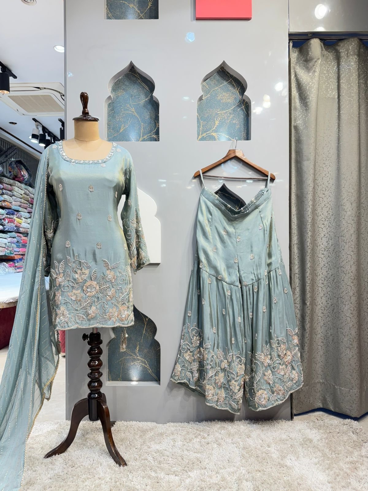 "MINT BLUE FLORAL EMBROIDERED SHARARA" image 0