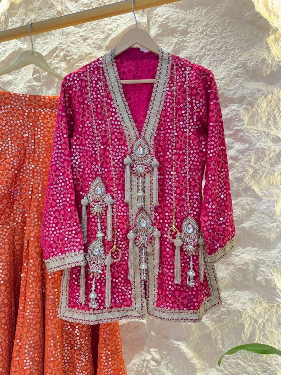 "RANI PINK & SUNSET ORANGE INDO-WESTERN SHARARA" image 3