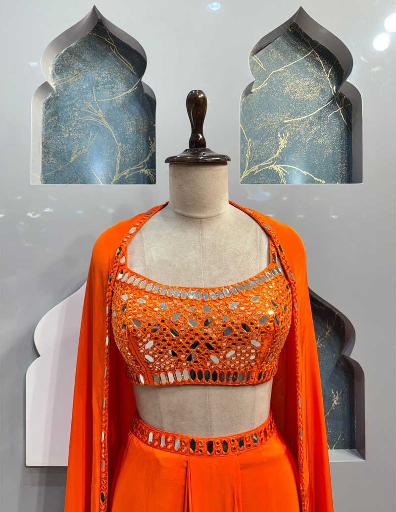 "VIBRANT ORANGE MIRROR-WORK INDO WESTERN SET" image 1
