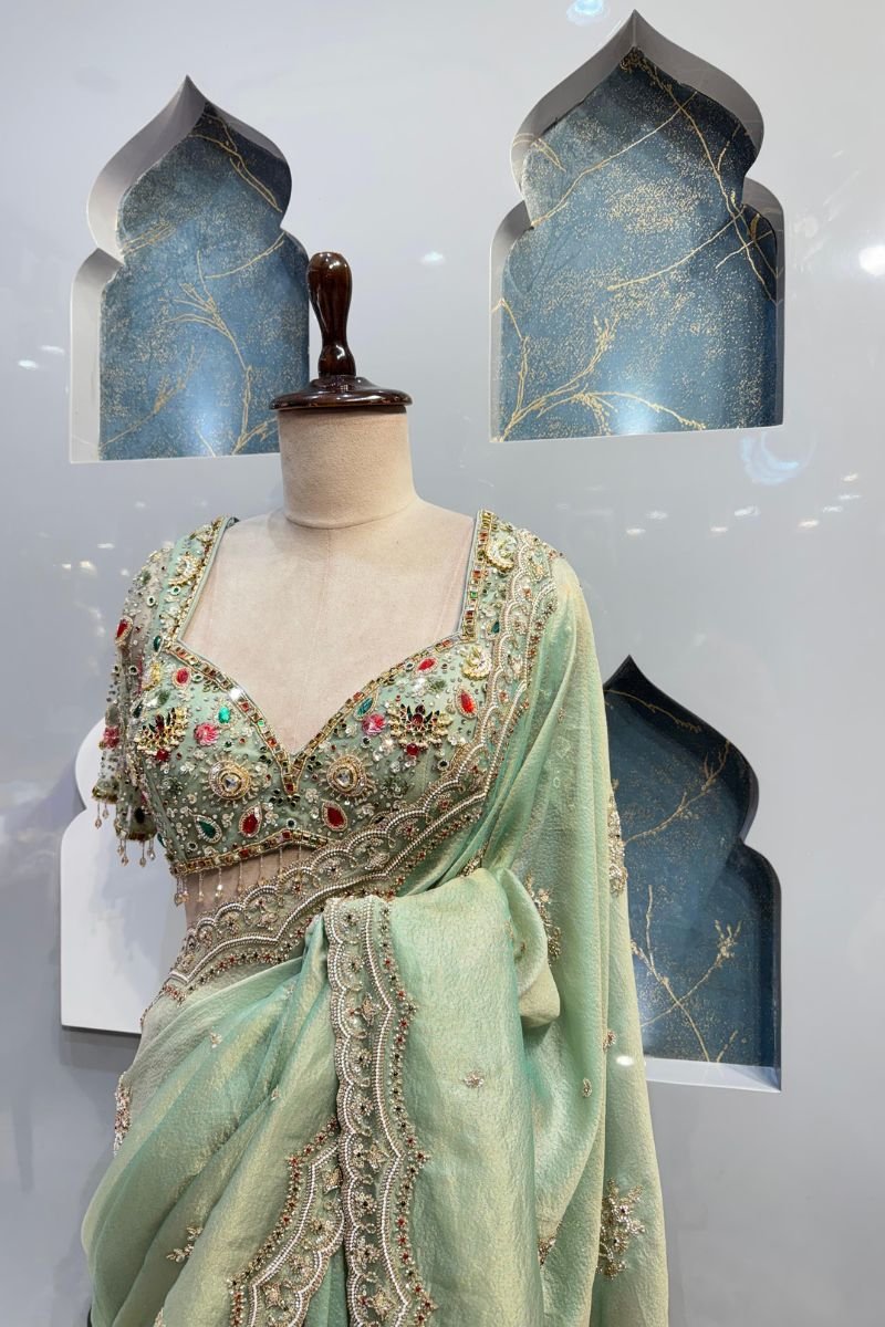 MINT GREEN EMBROIDERED SAREE image 3