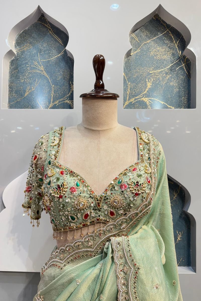 MINT GREEN EMBROIDERED SAREE image 1