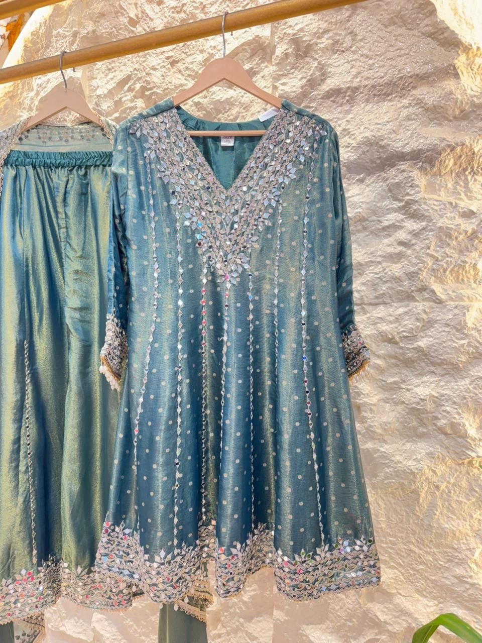 "TEAL MIRROR EMBELLISHED ANARKALI" image 1