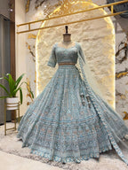 "ICE BLUE HERITAGE EMBROIDERED LEHENGA" image 0