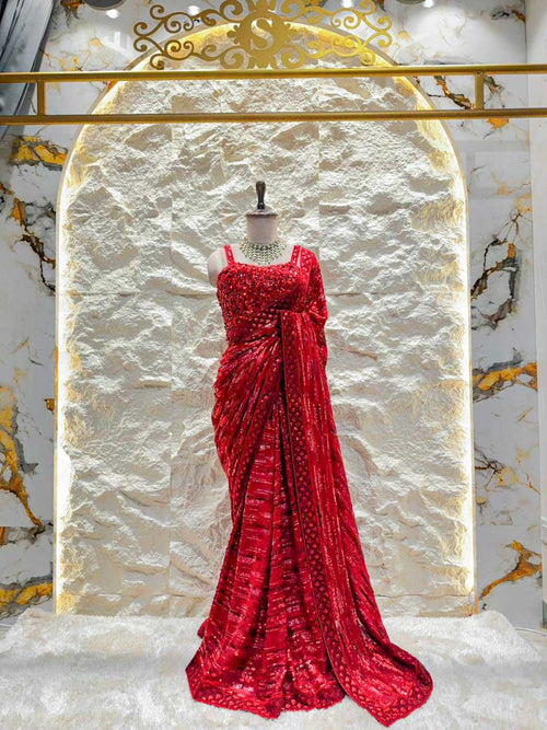 "CRIMSON SEQUIN ELEGANCE SAREE" image 0