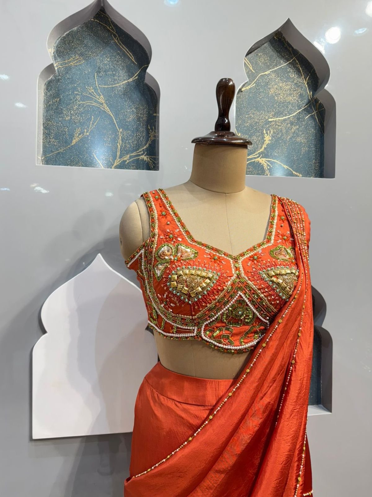 "BURNT ORANGE EMBELLISHED DRAPE SAREE" image 2