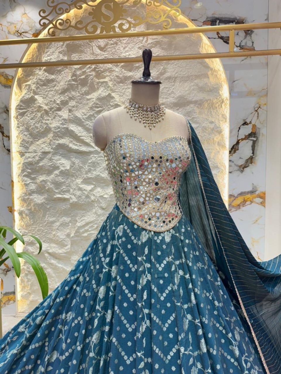 "MIDNIGHT TEAL MIRROR WORK LEHENGA" image 2