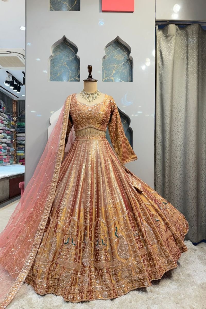 "REGAL ROSE GOLD PEACOCK LEHENGA" image 0