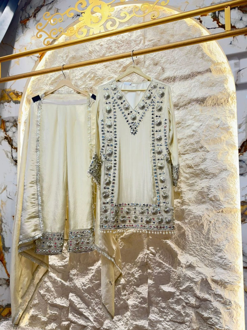 "IVORY MIRROR EMBELLISHED SUIT" image 0