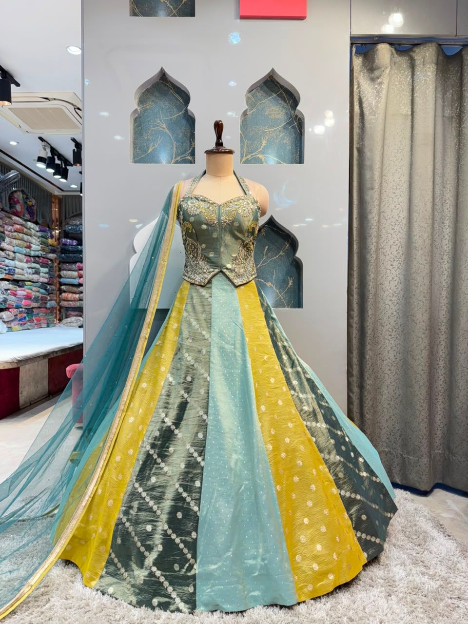 "EMERALD MIST EMBROIDERED PANELLED LEHENGA"