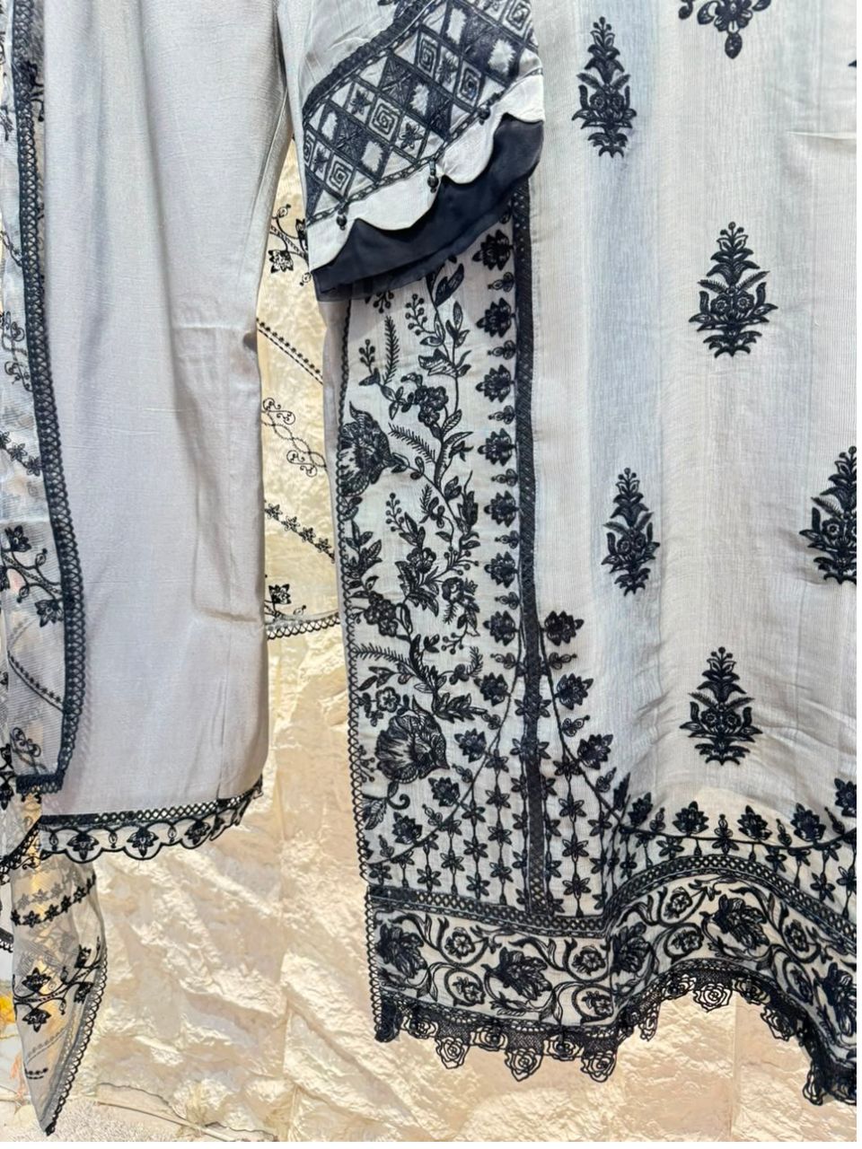 "IVORY MIST BLACK FLORAL EMBROIDERED SUIT"