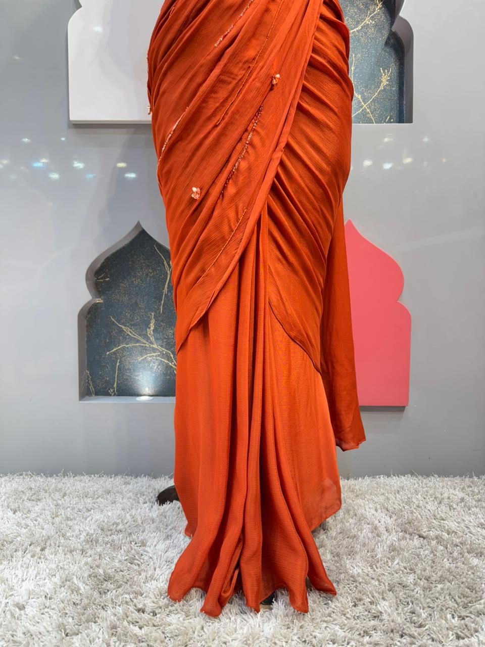 "SUNSET RUST COUTURE DRAPE SAREE"