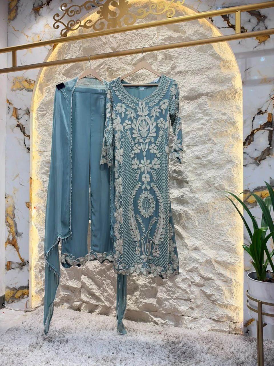 "ELEGANT TEAL BLUE EMBROIDERED SUIT"